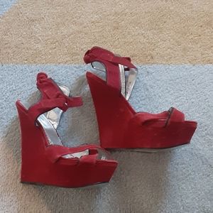 Crimson Red Suede Wedge Sandal Pump
